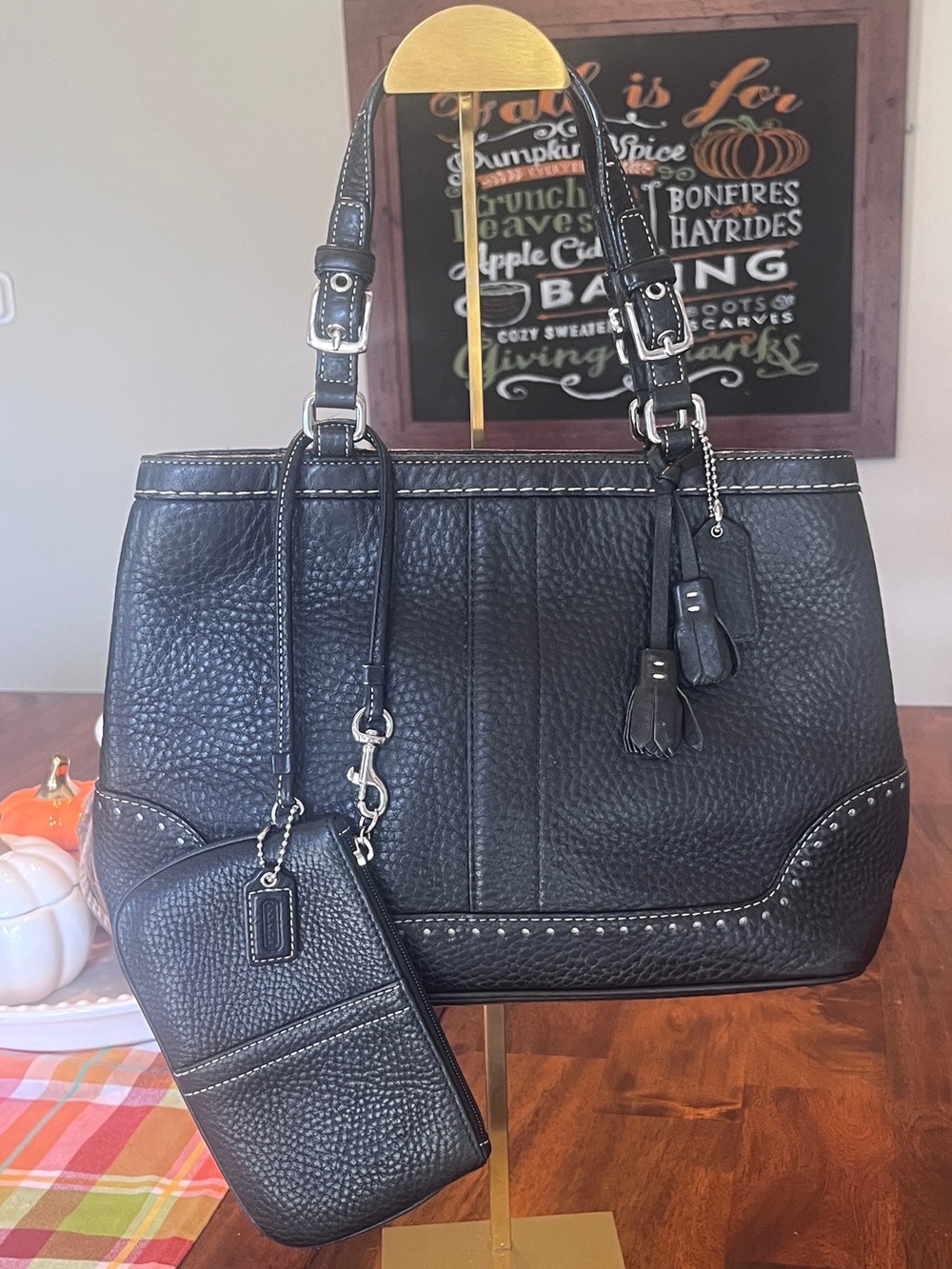 Vintage Y2K Coach Hampton Tassel Tote in Pebbled Black Leather with Wristlet